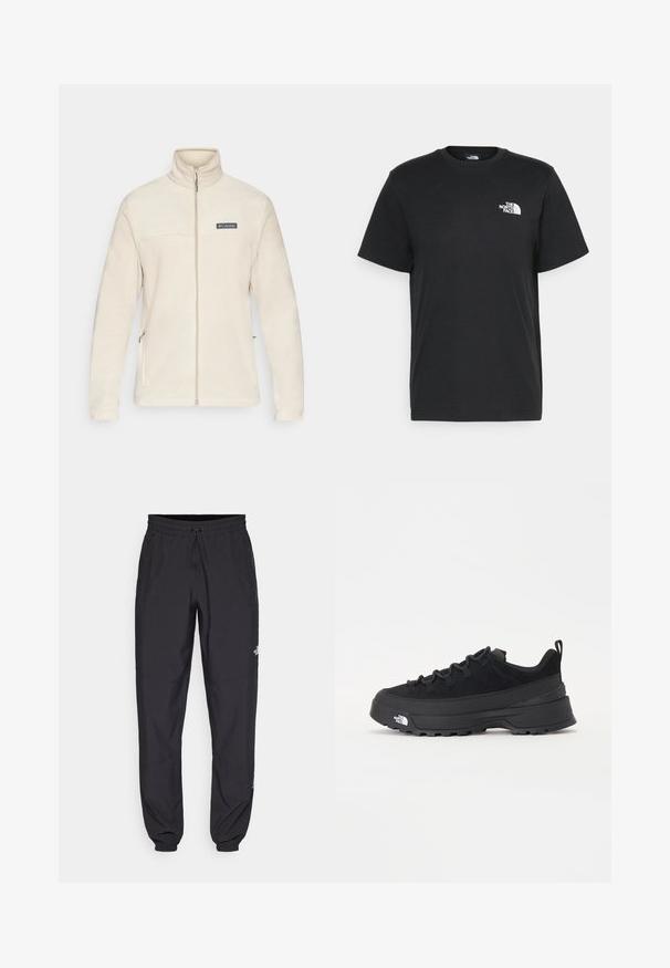 Beige színű fleece dzseki magas gallérral, teljes cipzárral és oldalsó zsebekkel. A mellkason fekete logófolt található, puha tapintású, hosszú ujjú.; Fekete pamut póló, rövid ujjú, kerek nyakkivágással és egy kis fehér logóval a bal mellrészen. Egyszerű dizájn, sima textúra és laza fazon.; Fekete sportnadrág, könnyű anyagból készült, húzózsinóros derékkal, oldalsó zsebekkel és szűkített szárakkal a bokáknál.; Fekete kültéri sneaker velúr felsőrésszel, texturált gumitalppal és strapabíró fűzőrendszerrel. Megerősített sarkú és oldalán márkalogóval rendelkezik.