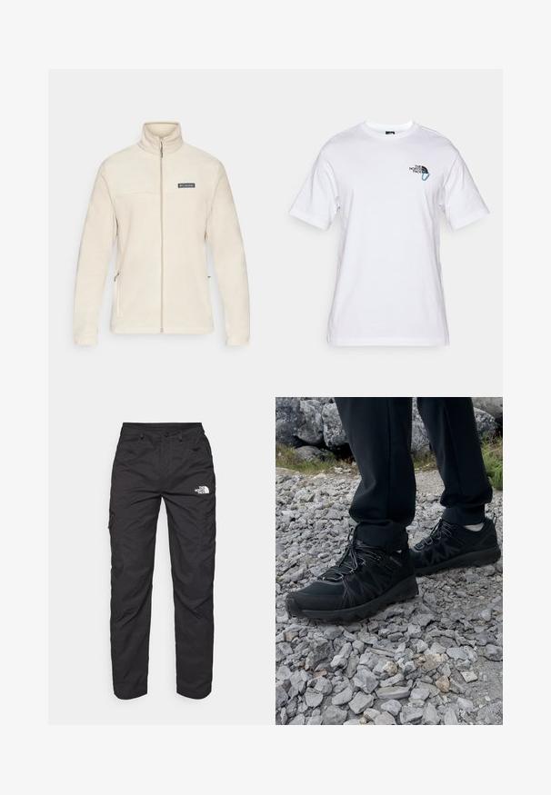 Chaqueta de forro polar beige con un alto cuello, cremallera completa y bolsillos laterales. Presenta un parche de logo negro en el pecho, textura suave y mangas largas.; The North Face EXPLORE CARABINER RELAXED TEE UNISEX - Camiseta estampada - white; Pantalones cargo negros hechos de tejido ligero. Con bolsillos laterales con cremallera y un logo en el muslo izquierdo. Diseño de pierna recta.; Zapatos exteriores negros con malla y material sintético, que presentan un upper texturizado, un sistema de cordones seguro y una suela robusta, sobre terreno rocoso.