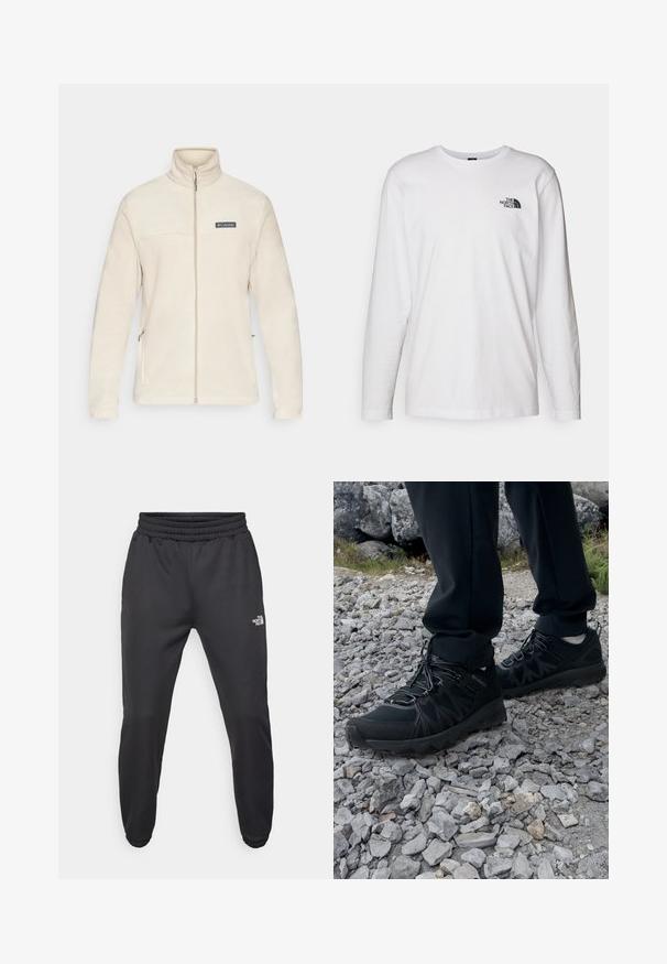 Beige fleece jacket with a high collar, full zip, and side pockets. Features a black logo patch on the chest, soft texture, and long sleeves.; White long-sleeve T-shirt made of cotton with a crew neck. Features a small black logo on the chest. Smooth texture, regular fit.; Black sweatpants with a drawstring waist, tapered fit, elastic cuffs, and a small white logo on the left thigh, made from smooth fabric.; Black outdoor shoes with mesh and synthetic material, featuring a textured upper, secured lacing system, and a rugged outsole, on rocky terrain.