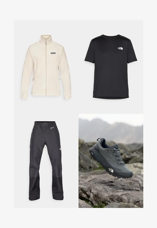 Beige fleece jacket with a high collar, full zip, and side pockets. Features a black logo patch on the chest, soft texture, and long sleeves.; Black short-sleeve T-shirt made from lightweight fabric. Features a small white logo on the left chest and subtle shoulder accents.; Black waterproof pants with a smooth texture, featuring a GORE-TEX logo on the front, and reinforced lower legs for durability.; Grey trail running shoe with a textured upper, durable rubber sole, and reinforced toe cap. Features laces and brand logo on the side.