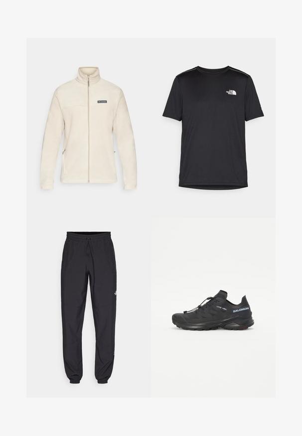 Beige fleecejakke med høy krage, full glidelås og sidelommer. Har en svart logo-patch på brystet, myk tekstur og lange ermer.; Svart kortermet T-skjorte laget av lett materiale. Har en liten hvit logo på venstre bryst og subtile skulderdetaljer.; Sorte idrettsbukser laget av lett stoff, med snor i livet, sidelommer og smale mansjetter ved anklene.; Svart trail-løpesko med teksturert overdel, elastiske lisser og Contagrip yttersåle. Har en tett passform og beskyttende tåhette.