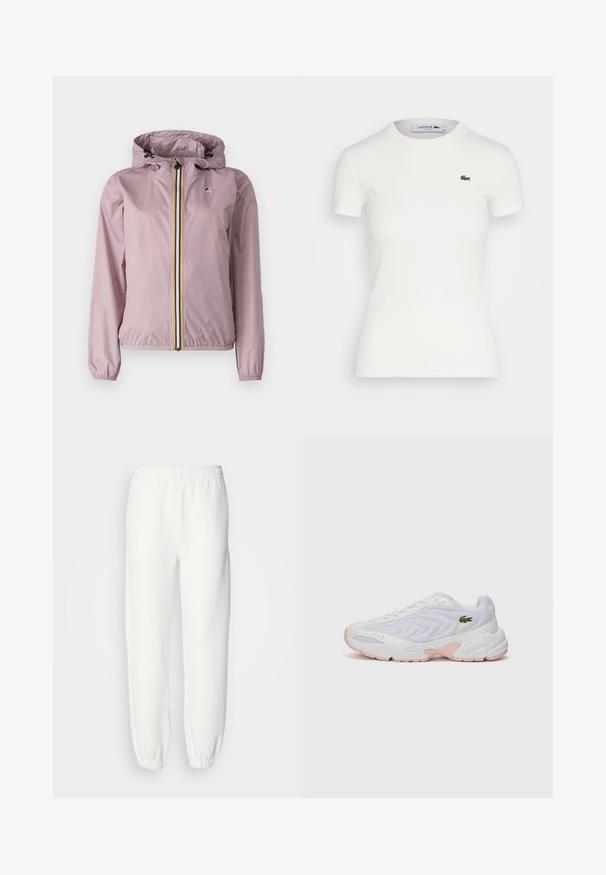 K-Way LE VRAI CLAUDETTE - Summer jacket - violet dusty; White short-sleeve ribbed t-shirt with a round neckline and a small green Lacoste crocodile logo on the left chest. Smooth cotton fabric.; White sweatpants made of soft, knitted fabric. Elastic waistband and cuffs provide a relaxed fit. Minimalist design, no visible patterns or accents.; White athletic shoes with a textured mesh upper, subtle pink accents on the sole, and a green crocodile logo on the side.