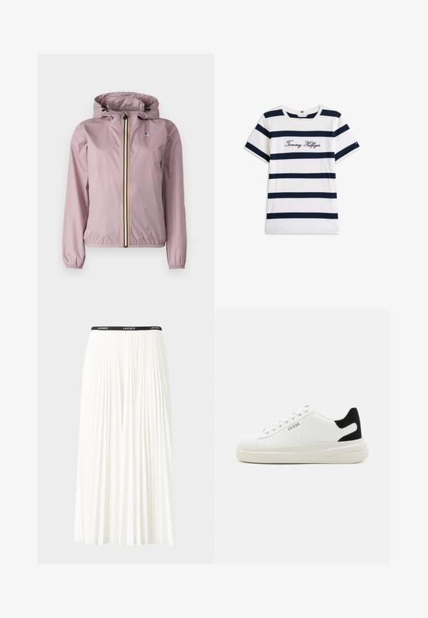 K-Way LE VRAI CLAUDETTE - Let jakke / Sommerjakker - violet dusty; T-shirt i bomuld med vandrette marineblå striber på en hvid baggrund. "Tommy Hilfiger" broderet i kursiv på brystet. Rund hals.; Plisseret hvid nederdel med en sort elastisk talje, der har "LACOSTE"-logoet. Mellemlang design med blød tekstur.; Hvide lædersneakers med en tyk hvid sål, sort ruskindhælvægt og prægede logoer på siden. Snørebåndsdesign med seks øjer.