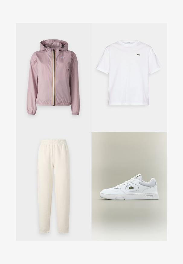 K-Way LE VRAI CLAUDETTE - Casaco de verão - violet dusty; T-shirt de algodão branco com decote redondo e mangas curtas. Apresenta um logotipo bordado verde no peito. Textura suave, ajuste relaxado.; Calças de fato em cor creme feitas de um tecido suave. Apresentam uma cintura elástica e um design com pernas afuniladas, com detalhes de costura subtis.; Sapatilha de couro branco com detalhes em malha, bico redondo e atacadores planos. Apresenta um logo de crocodilo verde e a marca "LACOSTE" no calcanhar.