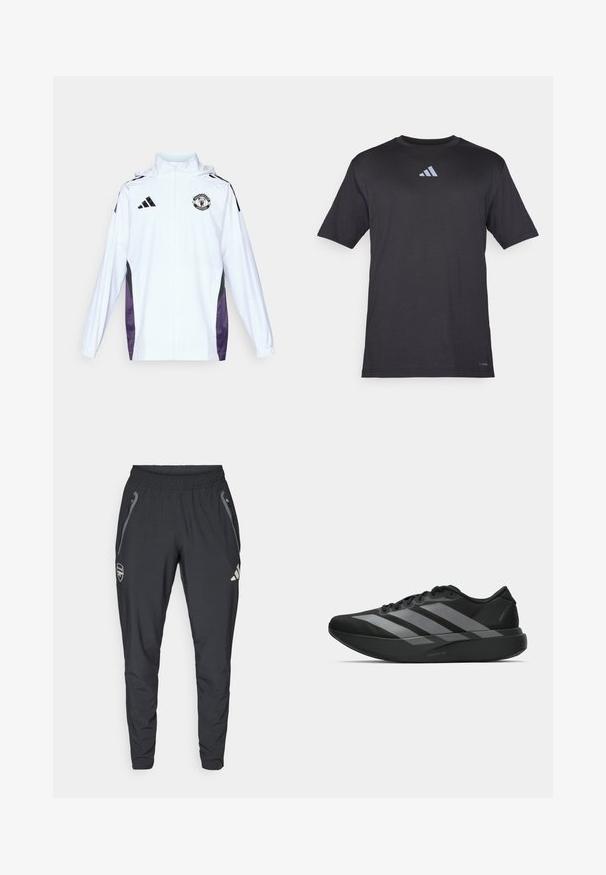 Balts zip-up jaciņš ar melnām un purpursarkanām sānu paneļiem. Uz krūtīm ir Adidas logo un Mančestras United emblema. Viegls materiāls.; Melnas īsām piedurknēm sporta T-krekls, kas izgatavots no viegla auduma, ar nedaudz atstarojošu Adidas logo uz krūtīm.; adidas Performance ARSENAL FC TIRO25 COMPETITION VIS TECH TRAVEL PANT - Klubu apģērbs - black; Melni sporta apavi ar vieglu dizainu, ar trim izteiksmīgiem pelēkiem svītrām, gludu virsmu un kontūrveida zoli.