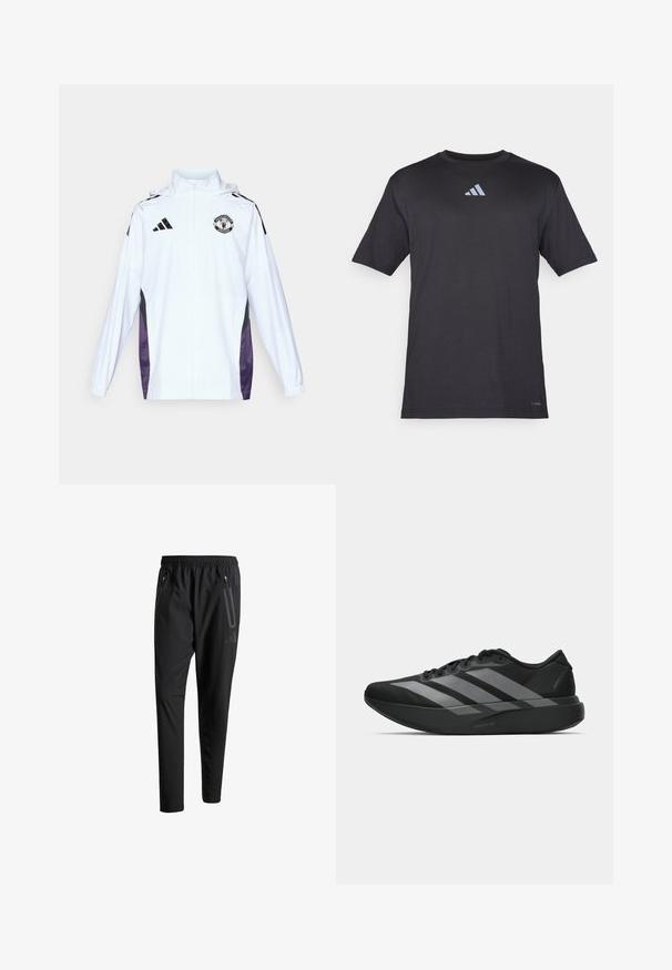 Balta zip-up striukė su juodais ir purpuriniais šonais. Su Adidas logotipu ir Mančesterio Jungtinės komandos herbu ant krūtinės. Lengvas audinys.; Juoda trumparankovė sportinė marškinėliai iš lengvo audinio, su subtiliu atspindinčiu Adidas logotipo dizainu ant krūtinės.; Juodi sportiniai šortai su elastiniu juosmeniu, dviem užtrauktukais šoniniais kišenėmis, siaurėjančiomis kojomis ir subtiliu logotipo detaliu ant klubo.; Juodos sportinės avalynės, lengvos konstrukcijos, su trimis aiškiomis pilkomis juostomis, lygiu paviršiumi ir kontūrine padu.