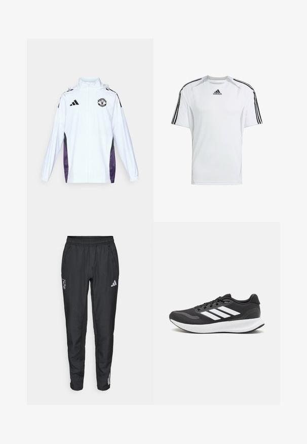 Biała kurtka zapinana na zamek z czarnymi i fioletowymi panelami bocznymi. Zawiera logo Adidasa oraz herb Manchesteru United na piersi. Wykonana z lekkiego materiału.; Biała koszulka sportowa z krótkim rękawem z czarnymi akcentami trzech pasków Adidas na ramionach, wykonana z gładkiego, lekkiego materiału.; adidas Performance LIVERPOOL FC czarny; Czarne buty sportowe z oddychającą siateczką, białymi akcentami i wyściełaną podeszwą. Posiadają logo w postaci trzech pasków po boku.