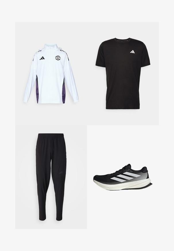 Bílá zipová bunda s černými a fialovými bočními panely. Na hrudi se nachází logo Adidas a znak Manchester United. Lehký materiál.; Černé bavlněné tričko s krátkým rukávem, kulatým výstřihem a bílým logem na levé hrudi. Hladká textura a jednoduchý design.; Černé sportovní kalhoty s elastickým páskem, zúženým střihem, bočními kapsami a nenápadným logem. Vyrobeno z pružné, prodyšné látky.; Černá sportovní boty s síťovaným designem, s bílými pruhy, zaoblenou špičkou a texturovanou podrážkou pro lepší přilnavost a oporu.