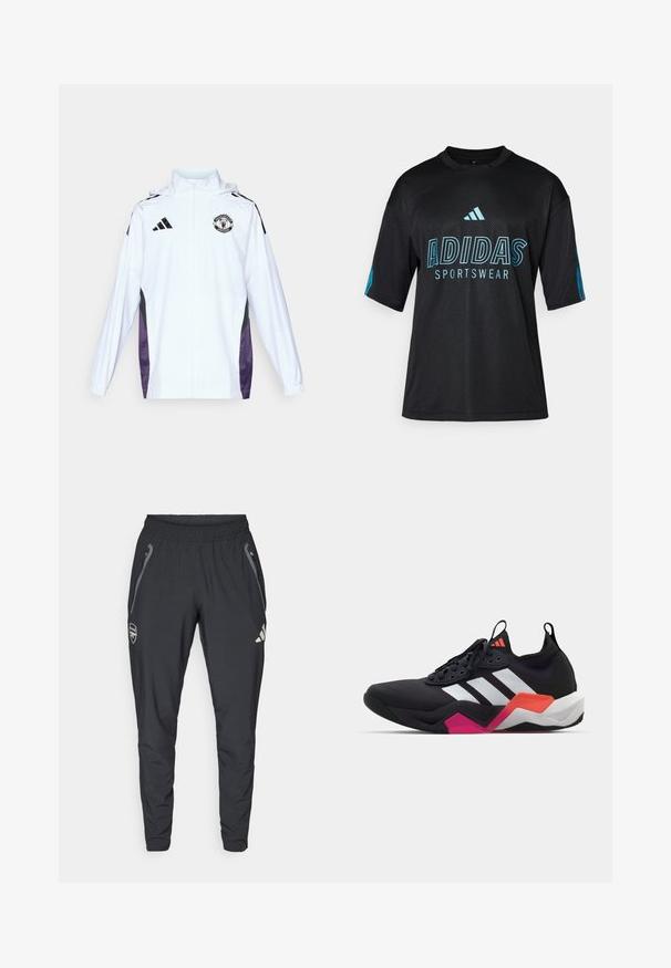 Bijela jakna sa zipom s crnim i ljubičastim bočnim panelima. Sadrži Adidas logo i grb Manchester Uniteda na prsima. Lagani materijal.; Crna Adidas sportska majica s mrežastom teksturom, kratkim rukavima, okruglim ovratnikom i plavim logotipom te natpisima na prednjem dijelu i rukavima.; adidas Performance ARSENAL FC TIRO25 COMPETITION VIS TECH TRAVEL PANT - Klupska odjeća - black; Crne atletske tenisice s bijelim prugama, teksturiranim gornjim dijelom i debelim potplatom s narančastim, ružičastim i bijelim detaljima. Dizajn s vezicama i trakom za povlačenje.