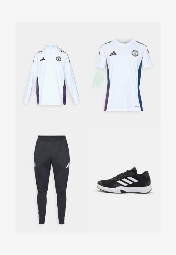 Balts zip-up jaciņš ar melnām un purpursarkanām sānu paneļiem. Uz krūtīm ir Adidas logo un Mančestras United emblema. Viegls materiāls.; Balds sporta krekls ar melnajām Adidas svītrām, Mančestras United logo uz krūtīm, zilgani-violetas gradienta akcenti sānos, izgatavots no viegla materiāla.; Melni sporta džinsi ar elastīgu jostasvietu, ar šķērsgriezuma kabatām ar rāvējslēdzēju un baltām Adidas svītrām gar sāniem. Ir logo uz augšstilba.; Melnas sporta kurpes ar teksturētu acu augšdaļu, baltām akcentu svītrām, mīkstu zoli un pastiprinātu papēdi atbalstam.