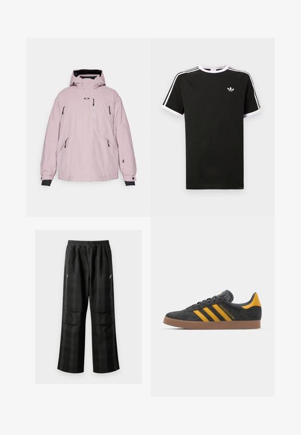 Oakley TEAM COLLECTION RENE - Snowboardjacka - toadstool; Svart t-shirt i bomull med vita detaljer. Har korta ärmar, raglan-design och en liten logotyp på bröstet. Tre vita ränder på axlarna.; Svarta rutiga byxor med elastisk midja, två framfickor och en lös passform med rak bendesign. Tillverkade av lätt material.; Svart mockaskor med gula accenter, med tre ränder och en brun gummisula. Inkluderar en vadderad tunga för extra komfort.