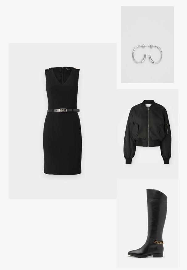 Schwarze Bomberjacke mit Reißverschluss vorne, großen Seitentaschen und gerippten Bündchen. Hergestellt aus glattem, strapazierfähigem Stoff mit cropped Design.; Schwarzes figurbetontes Kleid mit V-Ausschnitt und ohne Ärmel, ausgestattet mit goldenen Schulterakzenten und einem taillierten schwarzen Gürtel mit einer metallischen Schnalle.; Hohe schwarze Lederstiefel mit elegantem Design, spitzer Zehe und einem goldenen Kettenakzent am Knöchel. Tiefer Blockabsatz. Glatte Textur.; Silberne Creolen mit einer glatten, glänzenden Oberfläche, einer gebogenen Form und einer Steckverschluss. Minimalistisches Design mit modernem Finish.