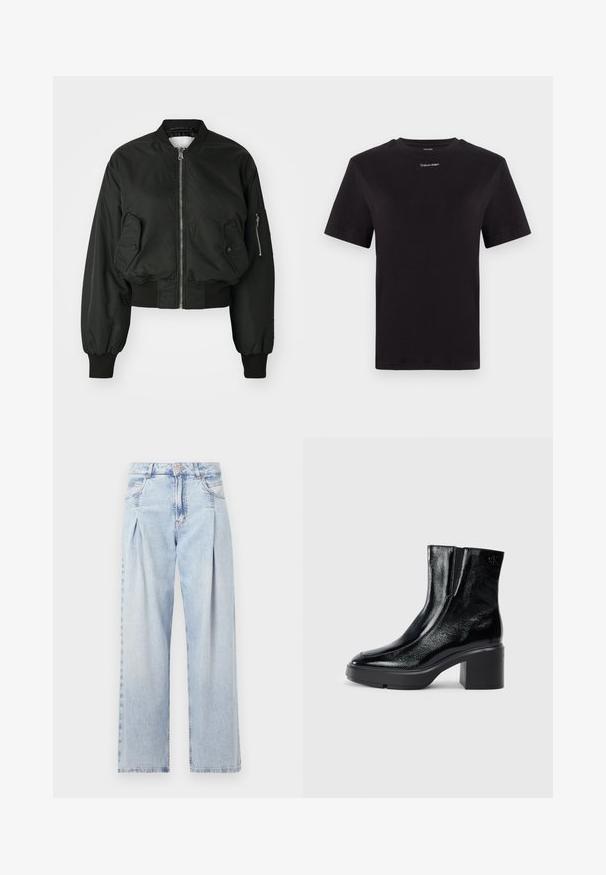 Zwarte bomberjack met ritssluiting aan de voorkant, grote zijzakken en geribde manchetten. Gemaakt van gladde, duurzame stof met een cropped ontwerp.; Zwarte katoenen t-shirt met korte mouwen, ronde hals en klein wit "Calvin Klein" logo op de borst. Gladde textuur, klassieke pasvorm.; Lichtblauwe denim jeans met een hoge taille, wijde pijpen, twee zijzakken en geplooid ontwerp. Zachte textuur met een vervaagd uiterlijk.; Zwarte gepatenteerde leren enkellaarsjes met een gebogen neus, elastische zijpanelen en een chunky blokhak. Voorzien van een reliëflogo aan de achterkant.