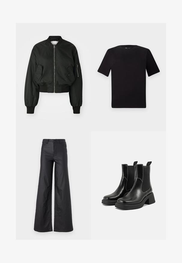 Čierna bomber bunda so zipsom vpredu, veľkými bočnými vreckami a rebrovanými manžetami. Vyrobená z hladkej, odolnej tkaniny s krátkym strihom.; Čierne tričko s krátkym rukávom a okrúhlym výstrihom, vyrobené z mäkkej bavlny. Jednoduchý dizajn, bez viditeľných log alebo vzorov.; Čierne široké nohavice z materiálu imitujúceho kožu. Majú vysoký pás, pútka na opasok, dve predné vrecká a šité detaily.; Čierne kožené Chelsea čižmy s robustným podpätkom, elastickými bočnými panelmi a kontrastným bielym prešívaním. Textúrovaný povrch.