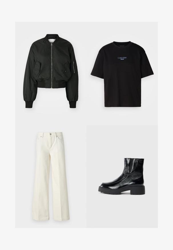 Schwarze Bomberjacke mit Reißverschluss vorne, großen Seitentaschen und gerippten Bündchen. Hergestellt aus glattem, strapazierfähigem Stoff mit cropped Design.; Schwarzes Baumwoll-T-Shirt mit Rundhalsausschnitt, kurzen Ärmeln und blau gesticktem "Calvin Klein JEANS"-Logo auf der Vorderseite.; Weite weiße Jeans aus einem Baumwollmischgewebe. Verfügt über einen Reißverschluss, ein Fünf-Taschen-Design und Nähte entlang der Säume.; Schwarze Knöchelstiefel mit glänzender Lackleder-Oberfläche, einer kräftigen gummierten schwarzen Sohle und Absatz; mit dezentem Logodetail an der Seite.