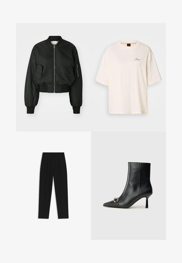 Sort bomberjakke med lynlås foran, store sidelommer og ribbede manchetter. Lavet af glat, slidstærkt stof med et cropped design.; Hvid oversized T-shirt lavet af blødt stof, med rund hals og korte ærmer, prydet med et lille sort "Boss" logo på forsiden.; Sorte bukser med lige pasform, der har dobbelte folder, en glat tekstur og et klassisk taljedesign. Ingen synlige hardware eller accenter.; Sort læder ankelstøvle med spidse tæer, slank hæl i mellemhøjde og sølvspænde detaljer på siden mod en ensfarvet baggrund.