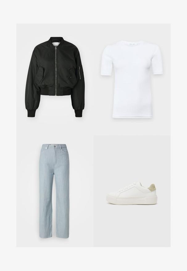 Schwarze Bomberjacke mit Reißverschluss vorne, großen Seitentaschen und gerippten Bündchen. Hergestellt aus glattem, strapazierfähigem Stoff mit cropped Design.; Weißes T-Shirt mit kurzen Ärmeln aus Baumwolle. Verfügt über einen runden Halsausschnitt und eine glatte Textur, mit minimal sichtbaren Nähten am Saum.; Helle blaue gerade geschnittene Jeans aus Denim. Verfügt über fünf Taschen, einen Metallknopfverschluss und dezente Waschungen für zusätzliche Textur.; Weißer Sneaker mit einem Obermaterial aus glattem Leder, hellgrauem Wildlederbesatz an der Ferse und einer klobigen weißen Gummisohle. Mit Schnürdesign.