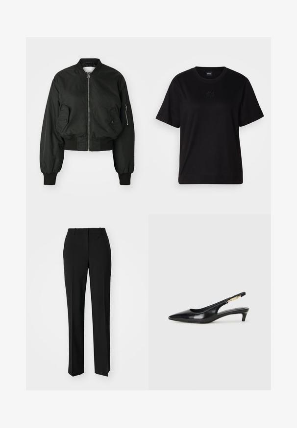 Giacca bomber nera con zip frontale, ampie tasche laterali e polsini a costine. Realizzata in un tessuto liscio e resistente con un design corto.; Maglietta in cotone nera con scollatura tonda, maniche corte e logo ricamato sul petto. Design semplice e vestibilità rilassata senza motivi.; Pantaloni neri su misura con un design a gamba dritta, caratterizzati da una texture liscia e pieghe ben definite sul davanti. Senza hardware visibile.; Tacchi slingback in pelle nera con punta affusolata, caratterizzati da un tacco alto e un accento dorato sulla cinghia regolabile. Texture liscia.
