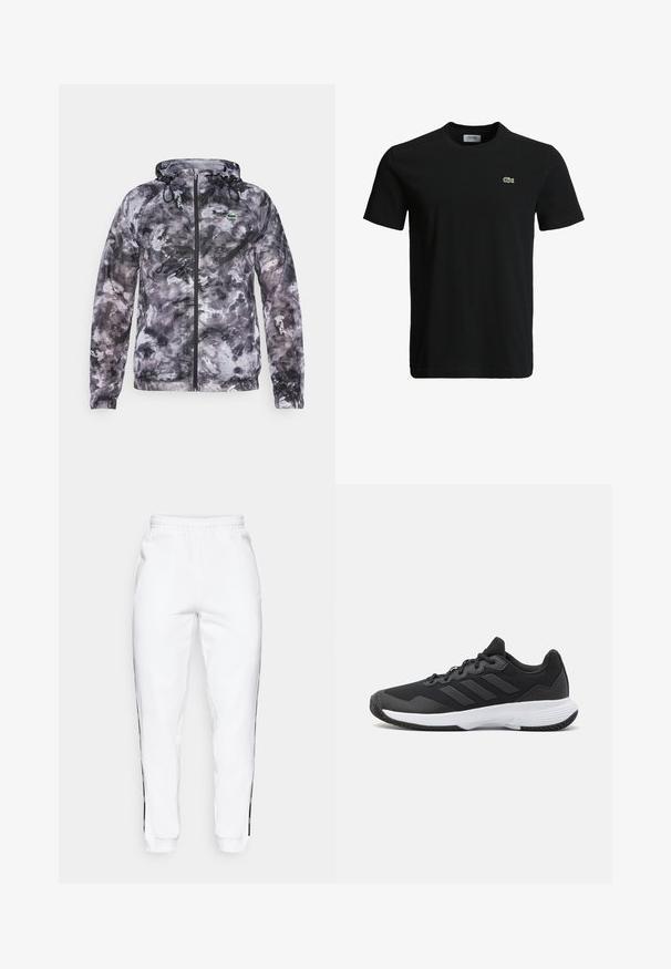Casaco leve com capuz, em padrão abstrato preto e cinza, apresentando detalhes com cordão, fecho zip e punhos elásticos.; T-shirt de algodão preto com decote redondo, mangas curtas e um pequeno logotipo de crocodilo verde no lado esquerdo do peito. Textura suave, design casual.; Calças de treino brancas com cintura elástica, apresentando riscas pretas nas laterais e punhos. Feitas de um tecido suave com uma textura lisa.; Sapatilha atlética preta com um upper texturizado, três riscas horizontais e uma sola branca com um padrão de piso. Design leve e aerodinâmico.