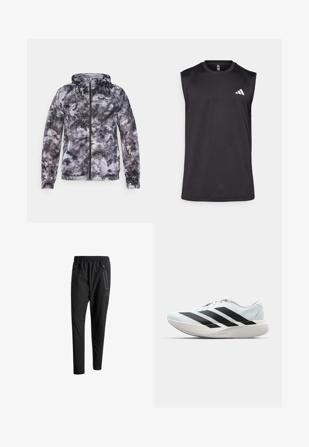 Lightweight, hooded jacket in a black and grey abstract pattern, featuring drawstring accents, zip closure, and elastic cuffs.; Black sleeveless athletic top made of breathable fabric, featuring a round neckline and a white logo on the upper left side.; Black athletic pants with an elastic waistband, two zippered side pockets, tapered legs, and a subtle logo detail on the hip.; Lightweight running shoes in pale blue with black stripes. Features a smooth upper, round toe, and thick white midsole labeled "LIGHTSTRIKE PRO."