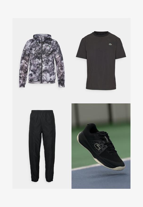 Lahka, kapučinska jakna v črno-sivi abstraktni vzorci, z vrvico za prilagajanje, zadrgo in elastiko na manšetah.; Črna majica s kratkimi rokavi iz mehkega materiala, ki ima okroglo ovratnico in majhen zeleni krokodilov logotip na levem prsnem delu.; Črne atletske hlače iz lahkega materiala z elastičnim pasom in manžetami, z gladko teksturo in minimalnim blagovnoznakom.; Črne atletske čevlje z teksturirano zgornjim delom in gladkimi detajli, s belim logotipom, vezalkami in fleksibilnim gumijastim podplatom.