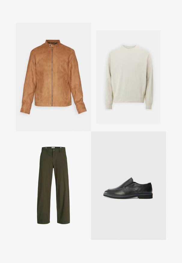 Chaqueta de ante sintético marrón con cuello alzado, cremallera frontal, dos bolsillos laterales y un acabado texturizado. Mangas de longitud media y dobladillo recto.; Sudadera de color beige claro, hecha de una tela suave, con cuello redondo, mangas largas y puños y dobladillo acanalados. Diseño minimalista, sin patrones visibles.; Pantalones de pierna ancha color verde olivo, confeccionados en algodón. Cuentan con un cierre de botón y presillas para cinturón. Textura suave con un corte clásico y piernas rectas.; Zapato negro de cuero sin cordones con un upper suave, detalles de costura, punta redonda y un bajo tacón de goma. La suela presenta una tracción mínima.