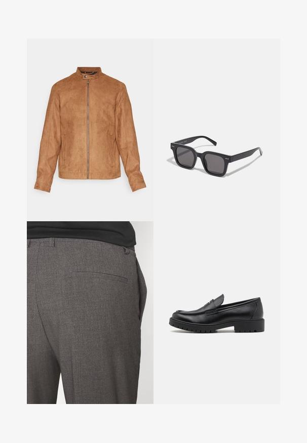 Veste en suède synthétique marron avec un col montant, fermeture éclair à l'avant, deux poches latérales et une finition texturée. Manches mi-longues et ourlet droit.; Pull en mélange de coton crème avec un col rond à côtes, des épaules tombantes et des poignets et un ourlet côtelés. Texture douce avec une coupe décontractée.; Pantalons tailleur gris avec une texture douce, dotés d'une poche arrière unique et d'une coupe slim. Le tissu présente un motif subtil.; Mocassins en cuir noir avec un bout arrondi, un design à enfiler et une semelle en caoutchouc épaisse avec une texture antidérapante. Talon surélevé et détails de surpiqûre subtils.; Lunettes de soleil noires rectangulaires avec des verres foncés, arborant une monture épaisse, des accents subtils sur les côtés et aucun logo visible en dehors du nom de la marque.; Sac fourre-tout en toile beige clair avec deux poignées robustes, bord blanc contrastant et logo "THE NORTH FACE" en noir à l'avant.