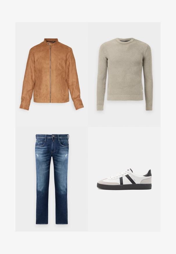 Braune Kunstwildlederjacke mit Stehkragen, Frontreißverschluss, zwei Seitentaschen und strukturiertem Finish. Mittellange Ärmel und gerader Saum.; Beige gestrickter Pullover mit langen Ärmeln, gerippten Bündchen und Saum, Rundhalsausschnitt, strukturiertem Muster, aus weichem Material hergestellt.; Blaue Denim-Jeans mit regulärer Passform, ausgestattet mit einer verwaschenen Optik, leichten Gebrauchsspuren, fünf Taschen und Kontrastnähten. Knopfverschluss am Bund.; Weiße Sneaker mit schwarz- und grau-aczenten, ausgestattet mit einer strukturierten grauen Zehenkappe, schwarzer Gummi-Sohle und flachen weißen Schnürsenkeln. Sauberes Design, minimalistische Stil.