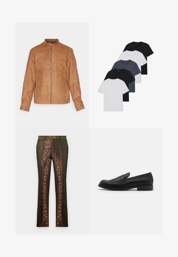 Rjav umetni swede jopič z dvignjenim ovratnikom, sprednjim zadrgo, dvema stranskima žepoma in teksturirano površino. Srednje dolgi rokavi in ravno dno.; Set petih majic v črni, beli in mornarsko modri barvi. Bombažni material, kratki rokavi, krojen vrh z okroglim izrezom ter enostavno teksturo brez vzorcev.; Zelene hlače s potiskom kačjega vzorca v odtenkih rjave in oranžne barve, ravno krojene, z gladko teksturo.; Črne usnjene mokasine z gladko površino, zaobljenim nosom in majhnim okrasnim preklopom. Imajo nizek zložen peto in subtilen detajl blagovne znamke.