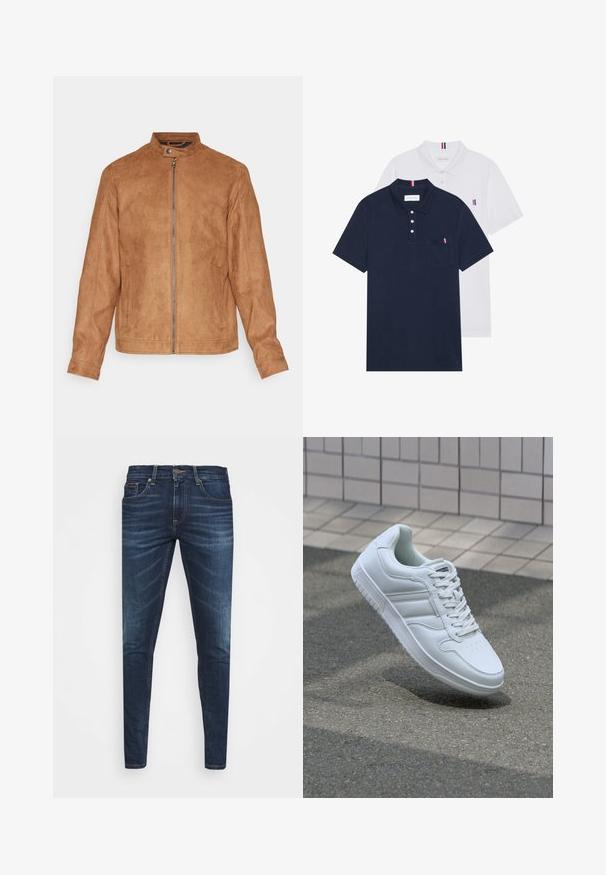 Jachetă din suede artificial maro cu guler în picioare, fermoar frontal, două buzunare laterale și o finisare texturată. Mâneci de lungime medie și o tiv drept.; Două tricouri polo: unul albastru navy și unul alb, ambele având un mic accent roșu, alb și albastru pe buzunarul de la piept și guler.; Jeans din denim de culoare albastră închisă, cu o croială slim, ușor decolorate, cinci buzunare și închidere cu buton metalic. Detalii cusute în culori contrastante.; Adidași albi pentru sport cu superior din piele netedă, sistem de șireturi în față, vârf perforat și talpă cu model. Design minimalist cu trei dungi laterale.