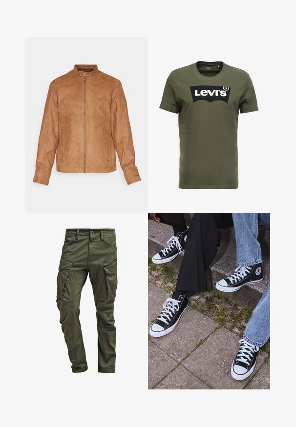 Bruine faux suède jas met een staande kraag, frontzipper, twee zijzakken en een gestructureerde afwerking. Midsleeves en een rechte zoom.; Olijfgroen katoenen T-shirt met een groot zwart Levi's-logo op de voorkant. Klassieke ronde hals en korte mouwen, gladde textuur.; Olijfgroene cargobroek gemaakt van stevig katoen. Beschikt over meerdere zakken, een met rits afgesloten zijzak en taps toelopende pijpen met een licht getextureerde afwerking.; Zwarte canvas sneakers met hoge schacht, witte rubberen zolen en veters, met een cirkelvormig logo aan de zijkant, gecombineerd met denim en zwarte broeken.