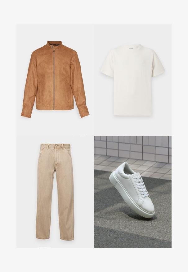 Brun fuskmockajacka med ståkrage, framsida med dragkedja, två sidofickor och en texturerad yta. Halvlånga ärmar och rak fåll.; Vit t-shirt med kort ärm i ribbad struktur. Rund halsringning, löst sittande passform, inga synliga mönster eller detaljer. Enkelt och mångsidigt design.; Beige denimjeans med rak passform, som har framfickor, metallknappstängning och subtil textur.; Vit lädersneaker med en slät yta, rund tå och platta vita snören. Har en texturerad gummisula och minimalistiska designelement.