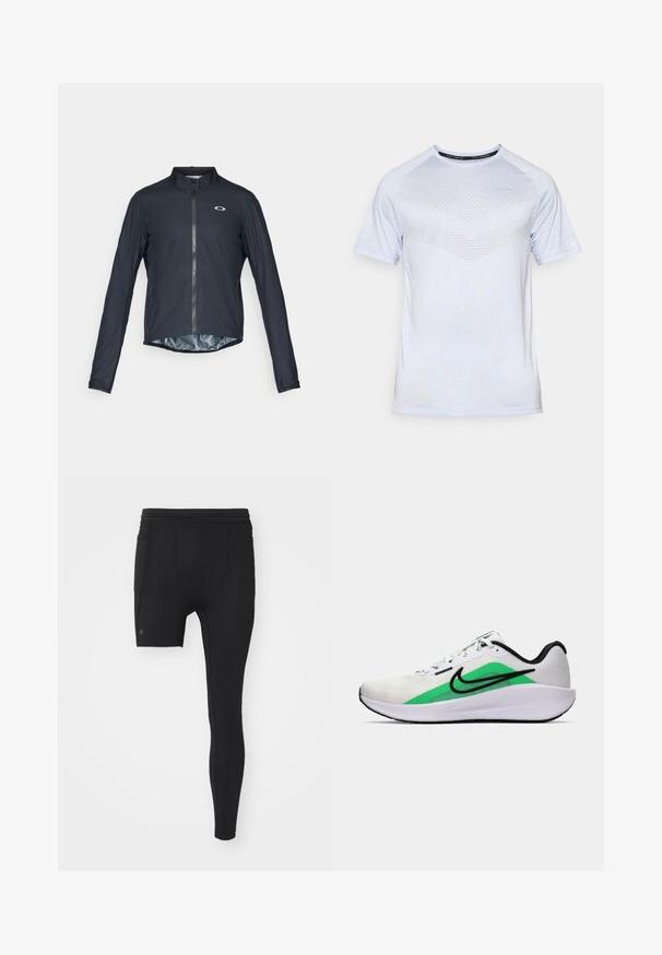 Chaqueta de ciclismo negra de manga larga hecha de tejido ligero, con cremallera frontal completa y un logo reflectante en el lado izquierdo del pecho.; Camiseta deportiva de color azul claro con mangas cortas, que presenta un patrón de chevron texturizado. Fabricada con un tejido transpirable y diseño de cuello redondo.; Leggings deportivos negros con un diseño ajustado, textura suave y una sección interior corta. Incluyen un bolsillo lateral en el muslo.; Zapatilla deportiva blanca con un acento verde, logo negro, parte superior de malla, suela acolchada y tacón redondeado. Presenta cordones y detalles en contraste.