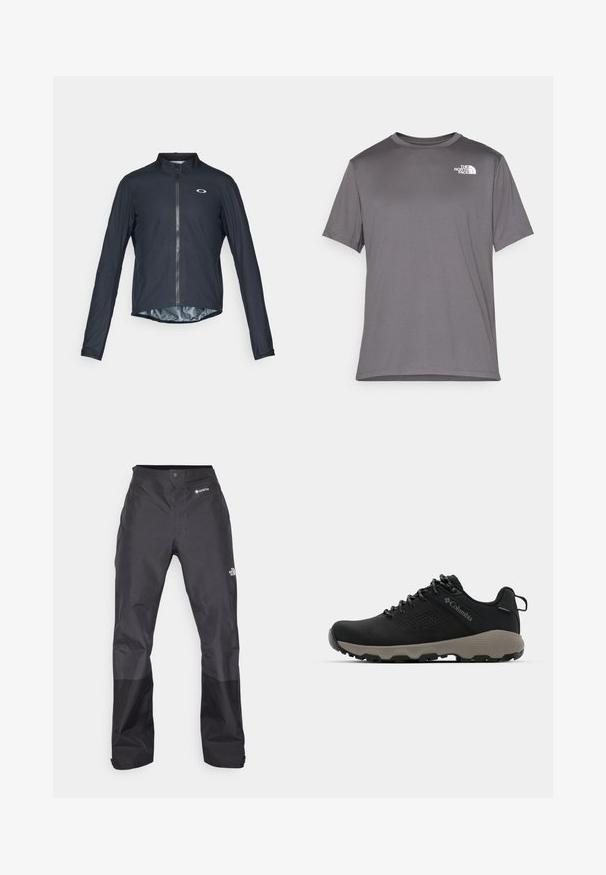 Giacca da ciclismo nera a maniche lunghe realizzata in tessuto leggero, con zip frontale completa e logo riflettente sul lato sinistro del petto.; Maglietta atletica grigia a maniche corte realizzata in tessuto leggero e morbido. Presenta un logo bianco sulla parte sinistra del petto. Design con collo rotondo.; Pantaloni impermeabili neri con una texture liscia, dotati di un logo GORE-TEX sulla parte anteriore e rinforzi sulle gambe inferiori per una maggiore durata.; Scarpa da trekking nera con tomaia liscia, design perforato, suola grigia e tallone rinforzato. Caratterizzata da lacci e un anello per una facile calzata.