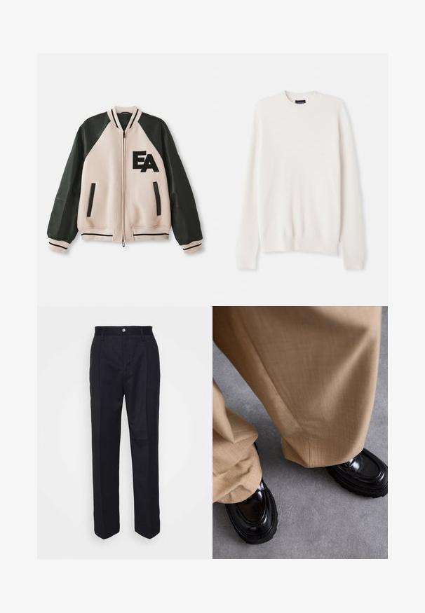 Bež jaquet koos mustade nahkvarrukatega, ees tõmblukk, kaks vertikaalset taskut ja "EA" logo vasakul rinnal.; Valge ribakootud kootud kampsun ümarate kaelustega ja pikkade varrukatega. Esipanelil on väike logo tikand. Pehme tekstuur, istuv disain.; Mustad kohandatud püksid, sirge jala lõikega, valmistatud siledast kangast, esise nupuga kinnituse ja kahe külgtaskuga.; Beežid püksid tekstuurse viimistlusega, millele on sobitatud läikivad mustad loafers'id paksu tallaga ja kontrastse õmblusega.