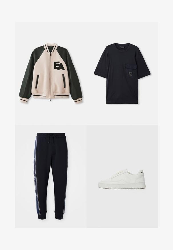 Beidzot un melns sporta žakets ar ādas piedurknēm, priekšējais rāvējslēdzis, divas vertikālas kabatas un "EA" logo kreisajā krūtī.; Melnas īsām piedurknēm kreklu ar apaļu kakla izgriezumu un kabatu uz kreisā krūšu, kas ļauj redzēt nelielu taisnstūra formas logo plāksteri.; Melnas sporta bikses ar zilām sānu svītrām, elastīga josta ar auklu, sānu kabatām un ribotām potītēm.; Baltas ādas sneakers ar gludu virsmu, apaļu pirkstu daļu, plakaniem šņorēm un teksturētu zoli. Satur diskrētu logotipu uz papēža.
