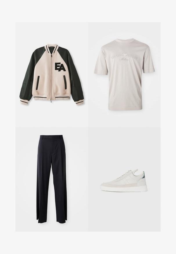 Μπεζ και μαύρο varsity jacket με δερμάτινα μανίκια, μπροστινό φερμουάρ, δύο κατακόρυες τσέπες και λογότυπο "EA" στο αριστερό στήθος.; Απαλή, ανοιχτού μπεζ κοντομάνικη μπλούζα φτιαγμένη από μαλακό ύφασμα, με κεντημένο λογότυπο "Emporio Armani Milano" σε ελαφρώς πιο σκούρο τόνο.; Μαύρο παντελόνι ψηλόμεσο με φαρδιά γραμμή, κατασκευασμένο από απαλό ύφασμα. Διαθέτει πιέτες εμπρός και θηλιές ζώνης. Μινιμαλιστικός σχεδιασμός, χωρίς ορατά αξεσουάρ.; Λευκά δερμάτινα αθλητικά παπούτσια με γκρι σουέντ λεπτομέρειες, σχέδιο με κορδόνια, λαβή στο πίσω μέρος και υφασμάτινη σόλα από καουτσούκ με ζιγκ-ζαγκ σχέδιο.