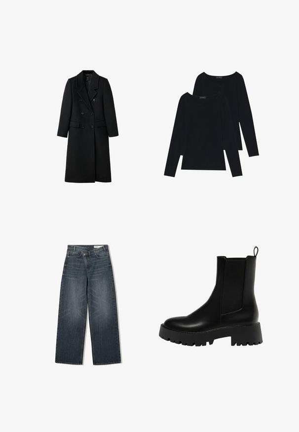 Musta, kaksirivinen villakangastakki, jossa on istuva muotoilu, hammastaskut, kaksi etutaskua ja napitus, ominaisuuksina suora leikkaus.; Kaksi pitkähiharaista mustaa puseroa pehmeästä, ribatusta kankaasta, joissa on leveä pyöreä pääntie. Yksinkertainen muotoilu ja sileä pinta.; Tummanpesun farkut, joissa on leveä lahje, korkea vyötärö, viisi taskua ja hienovarainen kulutusvaikutus etupuolella.; Mustan nahkaisen nilkkurit, joissa on teksturoitu sivupaneeli, pyöreä kärki ja paksu pohja, jossa on sakaratalla.