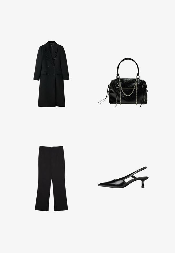 Cappotto in lana nero, doppiopetto e dal design sartoriale, con revers a scendere, due tasche frontali e chiusura con bottoni, caratterizzato da un taglio dritto.; Top cropped nero a maniche lunghe con scollatura tonda, design semplice e orlo leggermente curvo.; Pantaloni neri a gamba dritta, con tasche frontali e spacchi laterali all'orlo. Realizzati in tessuto morbido e liscio. Adatti a diverse occasioni.; Tacchi slingback in pelle verniciata nera con punta affusolata, design con tagli laterali e tacco quadrato piccolo. Texture liscia con dettagli minimi.; Bershka WITH CHAIN - Borsa a mano - black