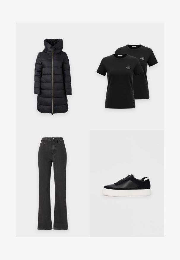 Black padded coat with a high collar and full-length zipper. Features horizontal quilted pattern and long sleeves.; Two black short-sleeve crewneck t-shirts with small grey "CK Calvin Klein" logos on the left chest, displayed on a white background.; Black high-waisted flared jeans made of denim, featuring a button closure, belt loops, and side pockets. Smooth texture with minimal fading.; Black sneaker with smooth leather and suede panels, flat laces, rounded toe, and a white rubber sole. Distinct logo on the heel.