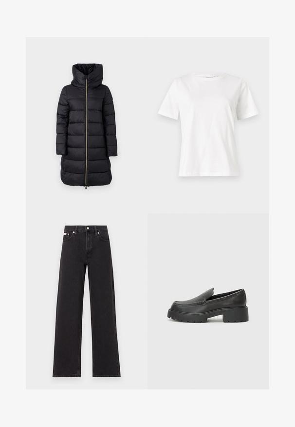 Czarna, ocieplana kurtka z wysokim kołnierzem i pełnym zamkiem błyskawicznym. Posiada poziome pikowanie i długie rękawy.; Biała bawełniana koszulka z krótkim rękawem, okrągłym dekoltem i luźnym krojem. Gładka tekstura, brak wzorów lub dodatków, minimalistyczny design.; Czarne dżinsy o szerokich nogawkach, wykonane z denimu, z wysokim stanem, pięcioma kieszeniami oraz metalowym zapięciem z kontrastowym szwem.; Czarne skórzane mokasyny z zaokrąglonym noskiem, grubą fakturowaną podeszwą oraz minimalnymi detalami szycia. Elegancki design bez widocznych sznurowadeł czy elementów metalowych.