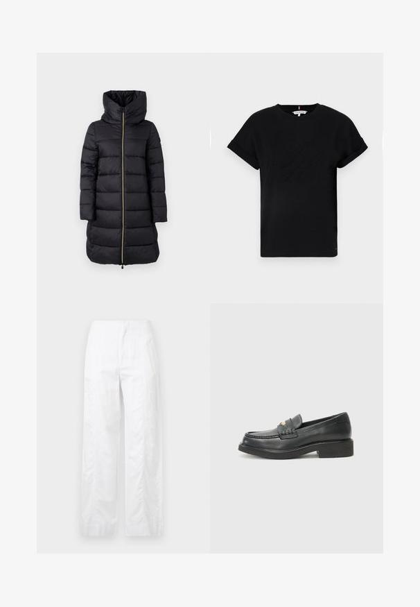 Čierna prešívaná bunda s vysokým golierom a plným zipsom. Obsahuje horizontálny prešívaný vzor a dlhé rukávy.; Čierne bavlnené tričko s krátkymi rukávmi, ktoré sú zvinuté, s vyrazeným logom v strede a malým flag akcentom na boku.; Biele široké nohavice z ľahkej látky, s hladkou textúrou, čistými líniami a vysokým pásom.; Čierne kožené mokasíny s tkaným prvkom na nárte, zlatým logom a robustnou čiernou gumovou podrážkou. Hladká textúra s jemným leskom.
