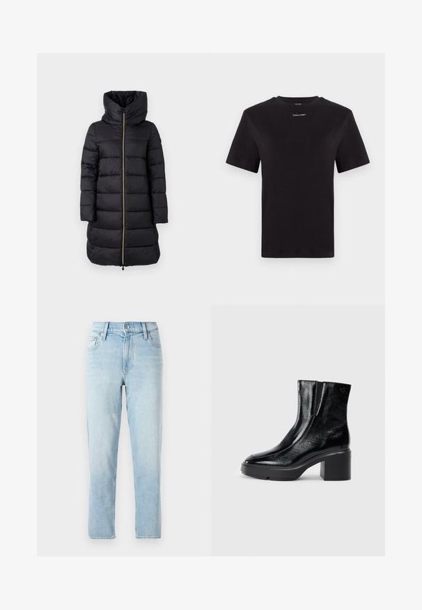 Svart vadderad jacka med hög krage och låsdragning i full längd. Har horisontellt quiltat mönster och långa ärmar.; Svart bomulls t-shirt med korta ärmar, rund halsringning och liten vit "Calvin Klein" logotyp vid bröstet. Slät textur, klassisk passform.; Ljusblå denimjeans, rak ben-design, midja i normalhöjd, med femficksdesign och en knappstängning framtill.; Svarta lacklädersankelstövlar med rundad tå, elastiska sidopaneler och en chunky klack. Har en präglad logotyp på baksidan.