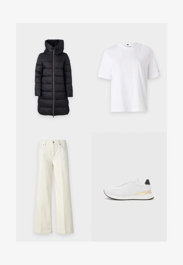 Fekete párnázott kabát magas gallérral és teljes hosszúságú cipzárral. Jellemzője a vízszintes steppelt minta és a hosszú ujjak.; Fehér pamut póló, kerek nyakkivágással, rövid ujjakkal és diszkrét sárga logóval, amelyen a felirat "HILFIGER NEW YORK 1985" szerepel. Normál szabású.; Bőszárú fehér farmernadrág pamut keverék anyagból. Cipzáras záródással, öt zsebes kialakítással és varrással a varratok mentén.; Fehér sneakers sima felülettel, fekete sarok kiemeléssel és arany fém részlettel a talp középső részén. Fűzős kialakítás, gumitalp.