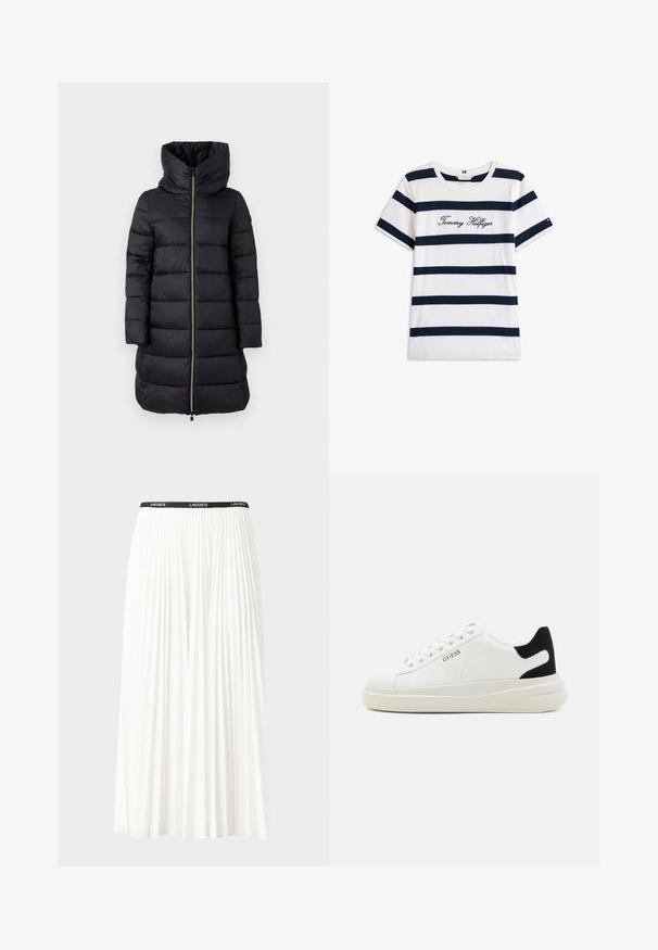 Svart polstret jakke med høy krage og full lengde glidelås. Har horisontal quiltet mønster og lange ermer.; Koftet laget av bomull har horisontale marineblå striper på hvit bakgrunn. "Tommy Hilfiger" brodert i kursiv på brystet. Rund hals.; Plissert hvit skjørt med en svart elastisk midje som har "LACOSTE"-logoen. Midjelengde design med myk tekstur.; Hvite lær sneakers med tykk hvit såle, svart semsket hælforsterkning og preget logo på siden. Snøresystem med seks hull.