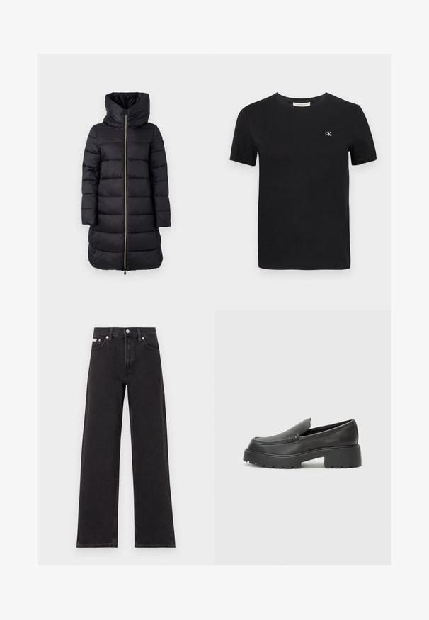 Sort polstret frakke med høj krave og fuldlængde lynlås. Har vandret quiltet mønster og lange ærmer.; Sort bomulds t-shirt med en klassisk crew neck, korte ærmer og et lille hvidt broderet "ck" logo på brystet.; Sorte vidde jeans lavet af denim, med høj talje, fem-lomme stil og en metalknap lukning med kontrasterende syninger.; Sorte læder loafers med rund tå, tyk tekstureret sål og minimale syninger. Elegant design uden synlige snørebånd eller hardware.