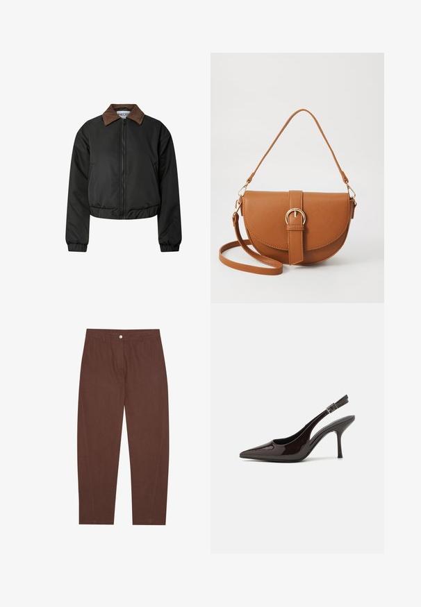 Svart kort jacka med brunt kordflorskrage, framtida dragkedja, elastiska ärmslut och nederkant, uppvisad på vit bakgrund.; Olivgrön stickad tröja med rund hals, långa ärmar och ribbad nederkant. Har en kortad design med en mjuk, strukturerad yta.; Bruna bomullbyxor med rak ben-design, med framknappstängning och sidofickor. Slät textur med minimala sömnadsdetaljer.; Högklackad slingback-sko i blankt mörkbrunt lackläder, spetsig tå, öppna sidor och justerbart ankelsnöre.; Brun läder crossbody-väska med en böjd form, gyllene detaljer och en spänneaccent. Har en avtagbar axelrem.