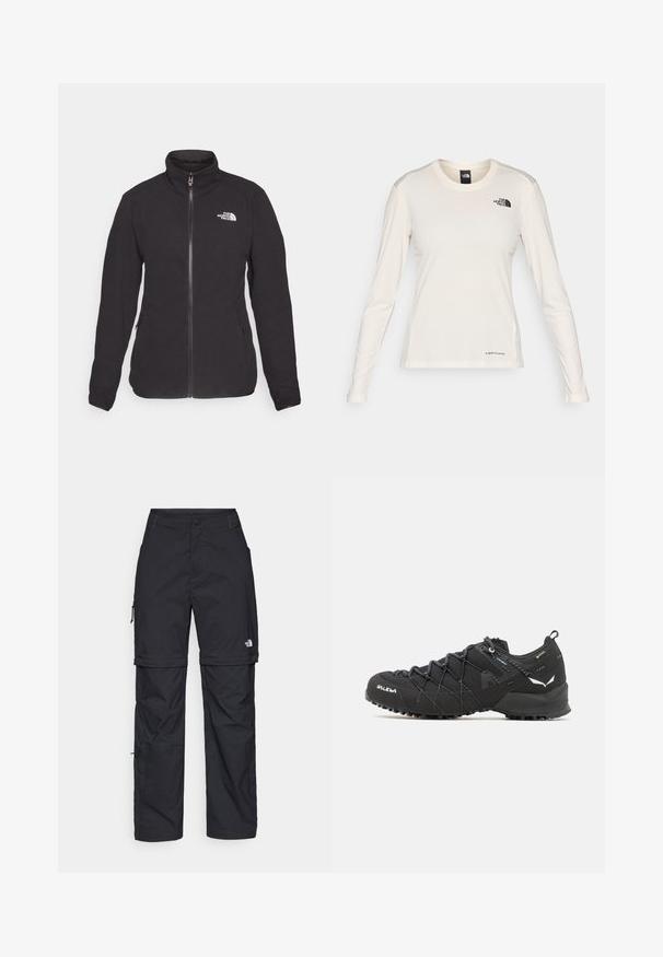 Black fleece jacket with a high collar, front zipper, and two side pockets. Features a white logo on the left chest. Soft texture.; The North Face SHADOW LONG SLEEVE - Long sleeved top - white dune; Black nylon zip-off cargo trousers with adjustable cuffs, multiple pockets, and a logo on the right leg. Smooth, lightweight texture.; Black hiking shoes with a textured fabric upper, lacing system, and rugged rubber sole. Accented with reflective details and logos.