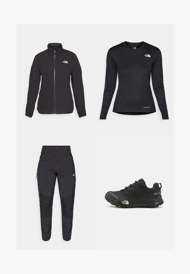Black fleece jacket with a high collar, front zipper, and two side pockets. Features a white logo on the left chest. Soft texture.; The North Face SHADOW LONG SLEEVE - Long sleeved top - black; Black outdoor pants made of durable fabric. Feature zippered pockets, reinforced knee panels, and a straight cut design for mobility.; Black hiking shoe with a textured upper, lace closure, and a chunky rubber sole featuring a prominent logo on the side and tread patterns.