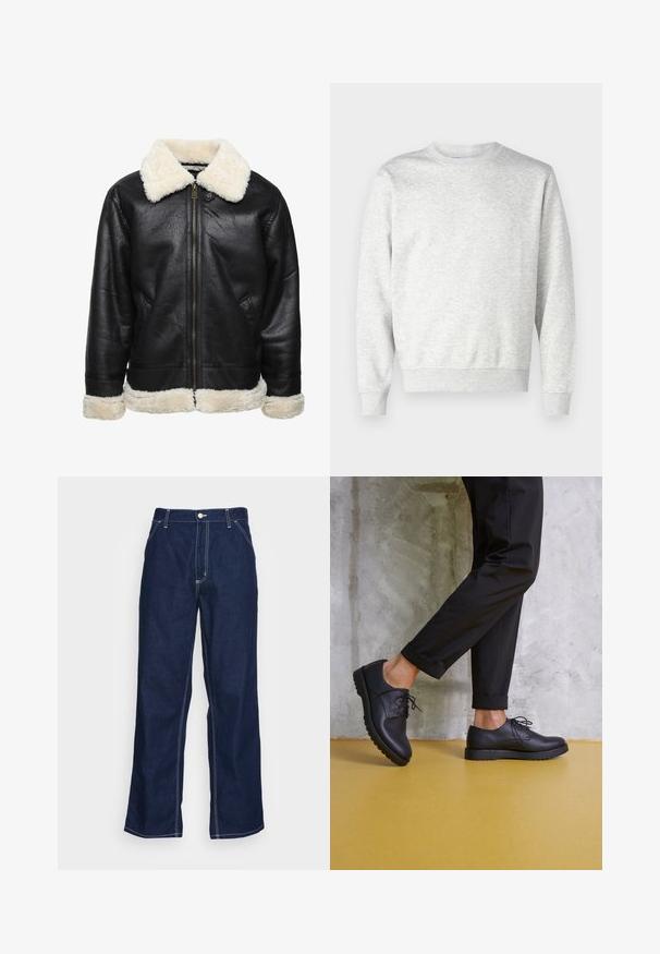 Svart faux lær jakke med hvit faux pels krage og mansjetter. Har front glidelås og sidelommer. Teksturerte overflater synlige.; Grå hettegenser laget av mykt stoff. Har rund hals, lange ermer, ribbestrikkede mansjetter og ribbestrikket kant. Enkelt, uembellert design.; Mørkeblå denimbukser med vide ben, med høy midje, frontlommer og kontrasterende hvite sømmer langs sømmene.; Sorte lærremsko med rund tå, teksturert overflate og tykk gummisåle. Brukes med oppbrettede svarte bukser mot en betongbakgrunn.